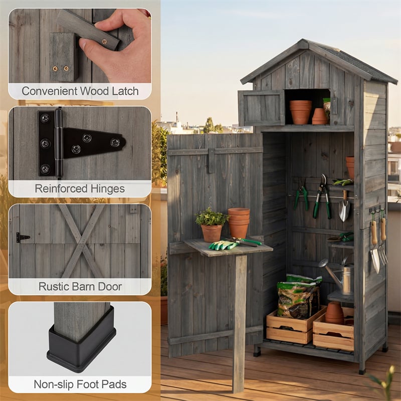70" Tall Wooden Outdoor Shed Waterproof Garden Tool Storage Cabinet with Lockable Doors & Foldable Table