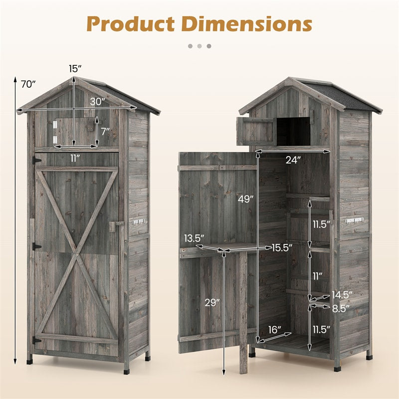 70" Tall Wooden Outdoor Shed Waterproof Garden Tool Storage Cabinet with Lockable Doors & Foldable Table