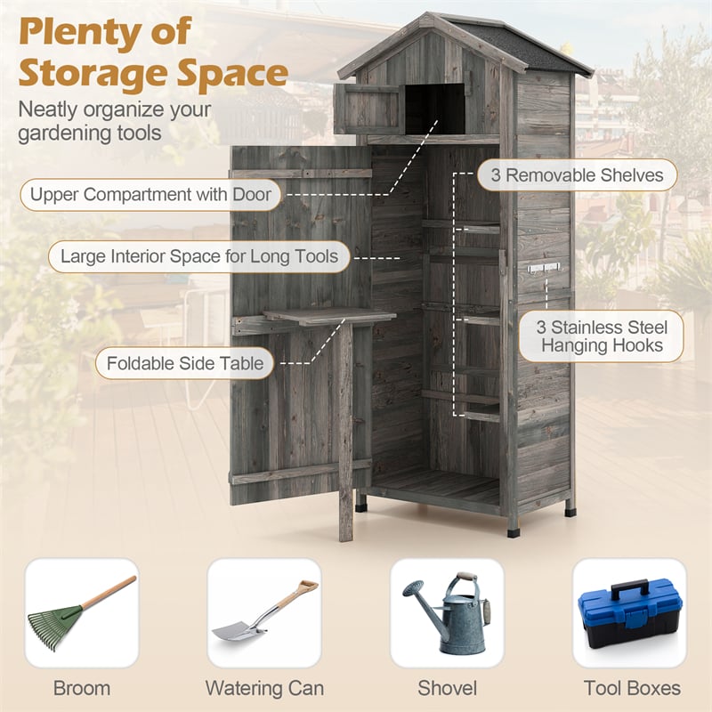 70" Tall Wooden Outdoor Shed Waterproof Garden Tool Storage Cabinet with Lockable Doors & Foldable Table