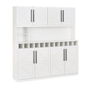 70" Farmhouse Pantry Cabinet, Kitchen Buffet Hutch with 12-Bottle Wine Rack, 8-Door Storage Cupboard, Large Countertop & Adjustable Shelves