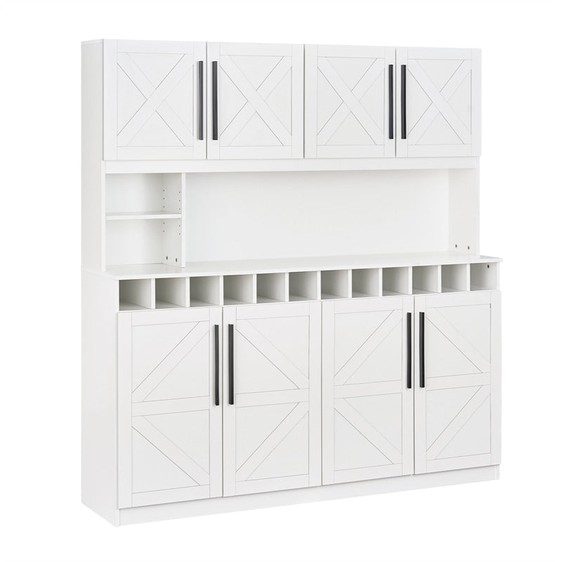 70" Farmhouse Pantry Cabinet, Kitchen Buffet Hutch with 12-Bottle Wine Rack, 8-Door Storage Cupboard, Large Countertop & Adjustable Shelves