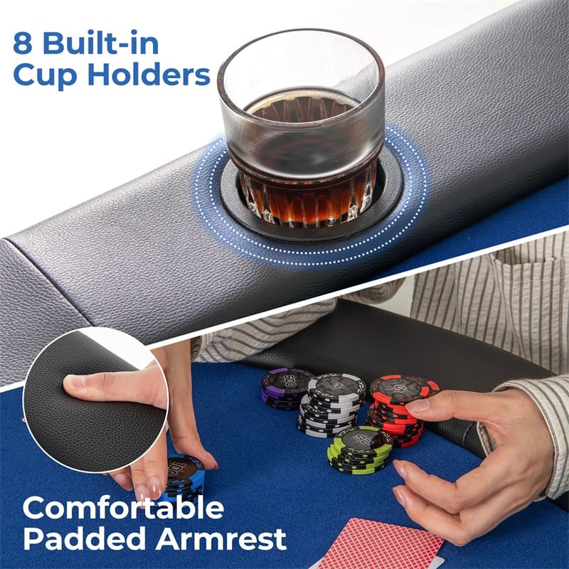 72" 8-Player Foldable Poker Table w/ Armrests, 8 Cup Holders & Casino-Grade Felt, Portable Oval Texas Holdem Blackjack Card Table, No Assembly