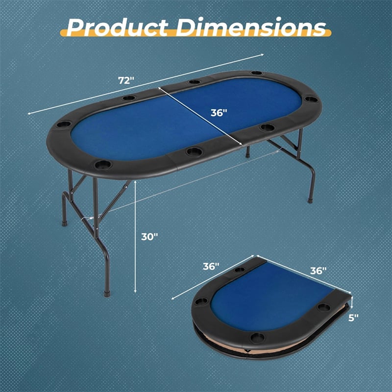 72" 8-Player Foldable Poker Table w/ Armrests, 8 Cup Holders & Casino-Grade Felt, Portable Oval Texas Holdem Blackjack Card Table, No Assembly