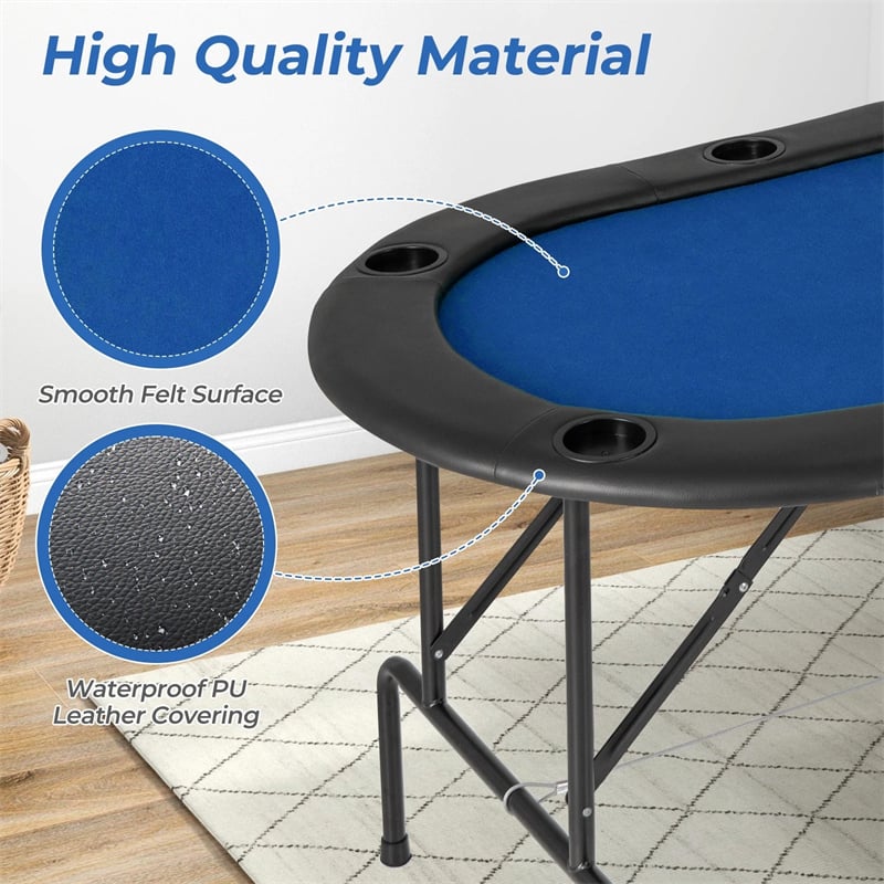 72" 8-Player Foldable Poker Table w/ Armrests, 8 Cup Holders & Casino-Grade Felt, Portable Oval Texas Holdem Blackjack Card Table, No Assembly