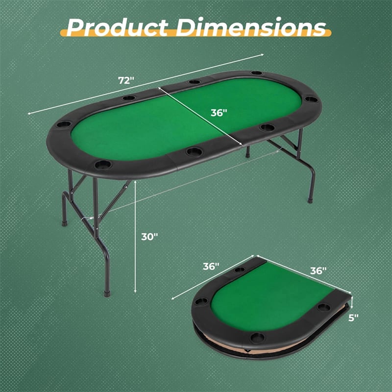 72" 8-Player Foldable Poker Table w/ Armrests, 8 Cup Holders & Casino-Grade Felt, Portable Oval Texas Holdem Blackjack Card Table, No Assembly