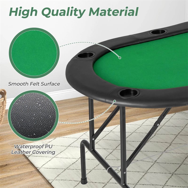 72" 8-Player Foldable Poker Table w/ Armrests, 8 Cup Holders & Casino-Grade Felt, Portable Oval Texas Holdem Blackjack Card Table, No Assembly