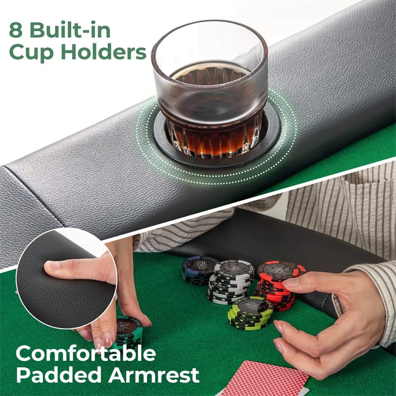 72" 8-Player Foldable Poker Table w/ Armrests, 8 Cup Holders & Casino-Grade Felt, Portable Oval Texas Holdem Blackjack Card Table, No Assembly