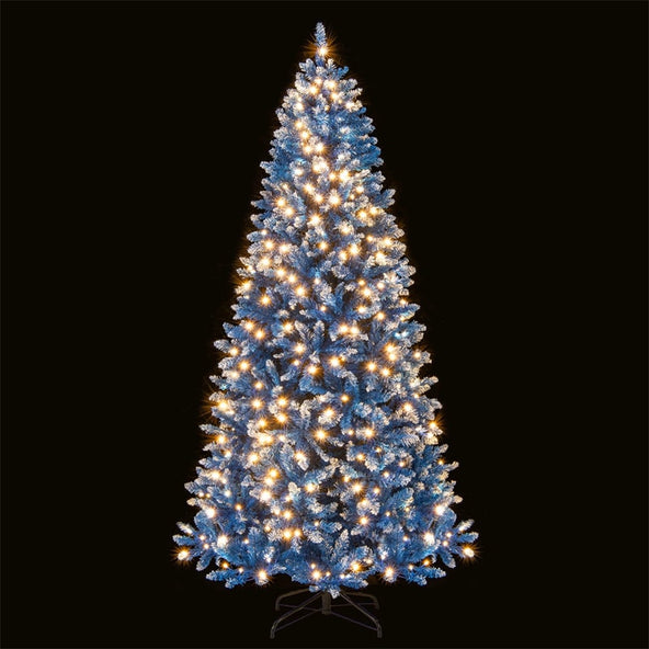 6/7/8/9 FT Pre-Lit Christmas Tree, Blue Hinged Xmas Tree with Frosted PVC Tips, Warm White LED Lights, 8 Modes & Folding Stand for Holiday Decor