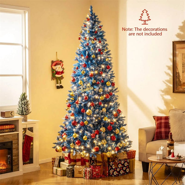 6/7/8/9 FT Pre-Lit Christmas Tree, Blue Hinged Xmas Tree with Frosted PVC Tips, Warm White LED Lights, 8 Modes & Folding Stand for Holiday Decor