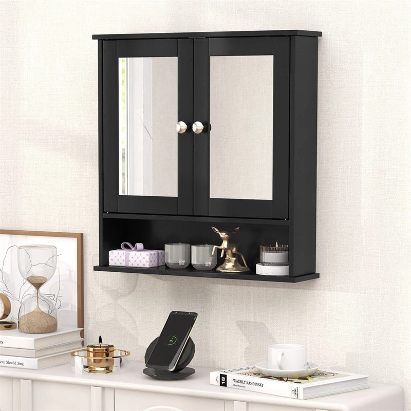Mirrored Bathroom Storage Cabinet Organizer, Wall Mounted Medicine Cabinet w/Double Mirror Doors & Adjustable Shelf