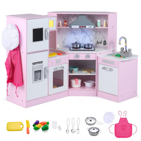 Corner Wooden Kids Kitchen Playset, Little Chef Pretend Toy Kitchen Set w/ Microwave, Range Hood, Washing Basin, Lights & Sounds for Toddlers