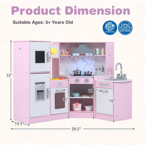 Corner Wooden Kids Kitchen Playset, Little Chef Pretend Toy Kitchen Set w/ Microwave, Range Hood, Washing Basin, Lights & Sounds for Toddlers