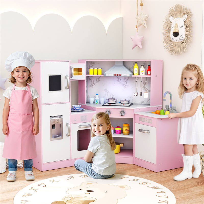 Corner Wooden Kids Kitchen Playset, Little Chef Pretend Toy Kitchen Set w/ Microwave, Range Hood, Washing Basin, Lights & Sounds for Toddlers