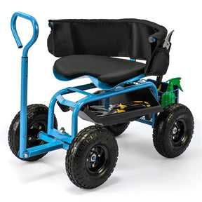 Rolling Garden Cart with 360° Swivel Padded Seat, Adjustable Gardening Scooter Workseat with Tool Tray & Storage, Extendable Handle for Seniors