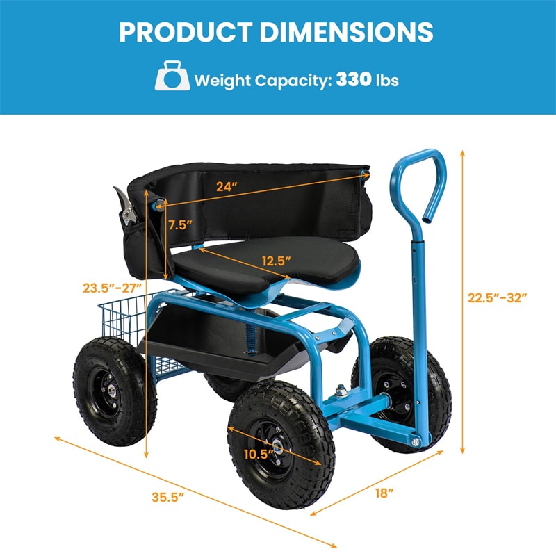Rolling Garden Cart with 360° Swivel Padded Seat, Adjustable Gardening Scooter Workseat with Tool Tray & Storage, Extendable Handle for Seniors
