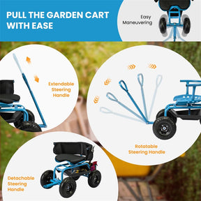 Rolling Garden Cart with 360° Swivel Padded Seat, Adjustable Gardening Scooter Workseat with Tool Tray & Storage, Extendable Handle for Seniors