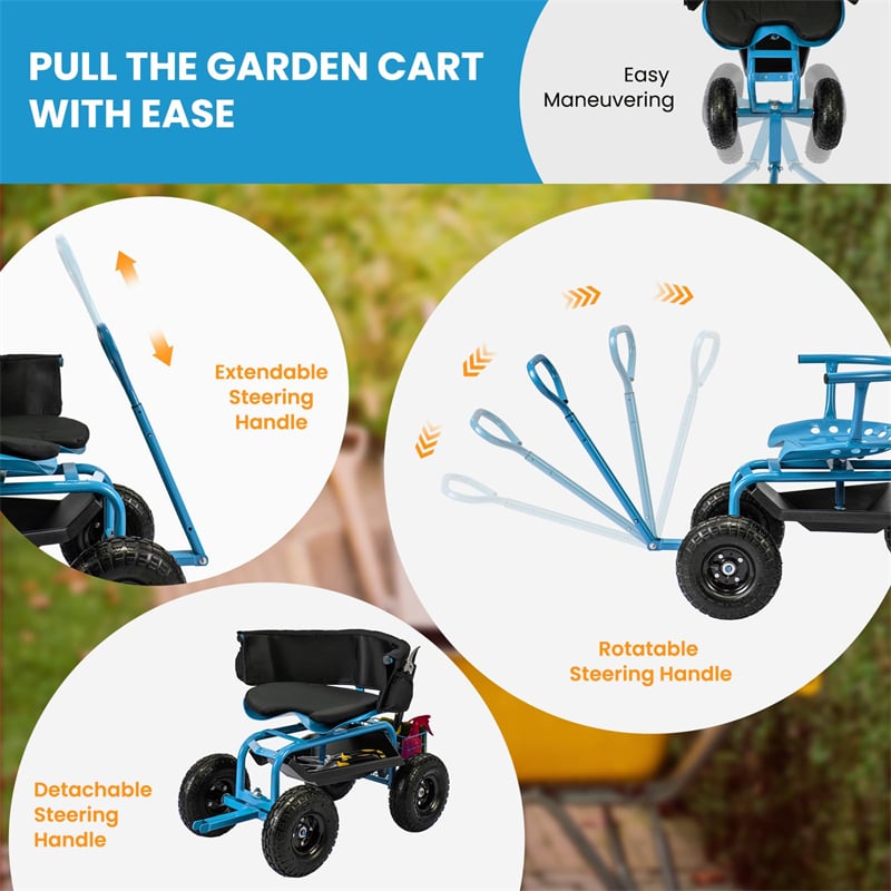 Rolling Garden Cart with 360° Swivel Padded Seat, Adjustable Gardening Scooter Workseat with Tool Tray & Storage, Extendable Handle for Seniors
