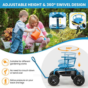 Rolling Garden Cart with 360° Swivel Padded Seat, Adjustable Gardening Scooter Workseat with Tool Tray & Storage, Extendable Handle for Seniors