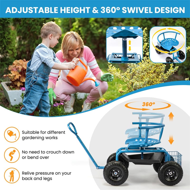 Rolling Garden Cart with 360° Swivel Padded Seat, Adjustable Gardening Scooter Workseat with Tool Tray & Storage, Extendable Handle for Seniors