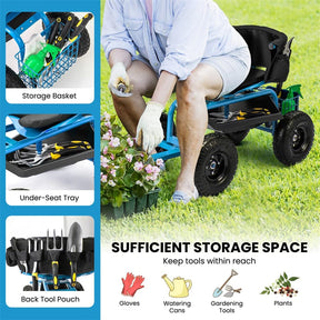 Rolling Garden Cart with 360° Swivel Padded Seat, Adjustable Gardening Scooter Workseat with Tool Tray & Storage, Extendable Handle for Seniors