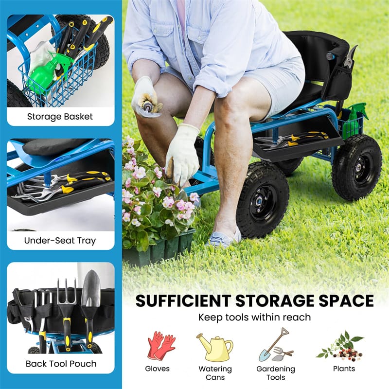 Rolling Garden Cart with 360° Swivel Padded Seat, Adjustable Gardening Scooter Workseat with Tool Tray & Storage, Extendable Handle for Seniors