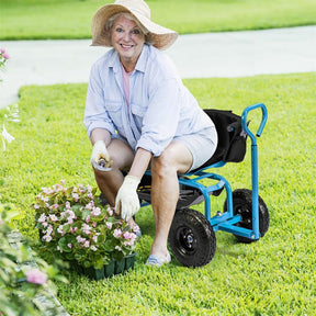 Rolling Garden Cart with 360° Swivel Padded Seat, Adjustable Gardening Scooter Workseat with Tool Tray & Storage, Extendable Handle for Seniors