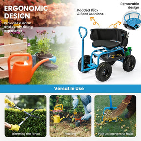 Rolling Garden Cart with 360° Swivel Padded Seat, Adjustable Gardening Scooter Workseat with Tool Tray & Storage, Extendable Handle for Seniors