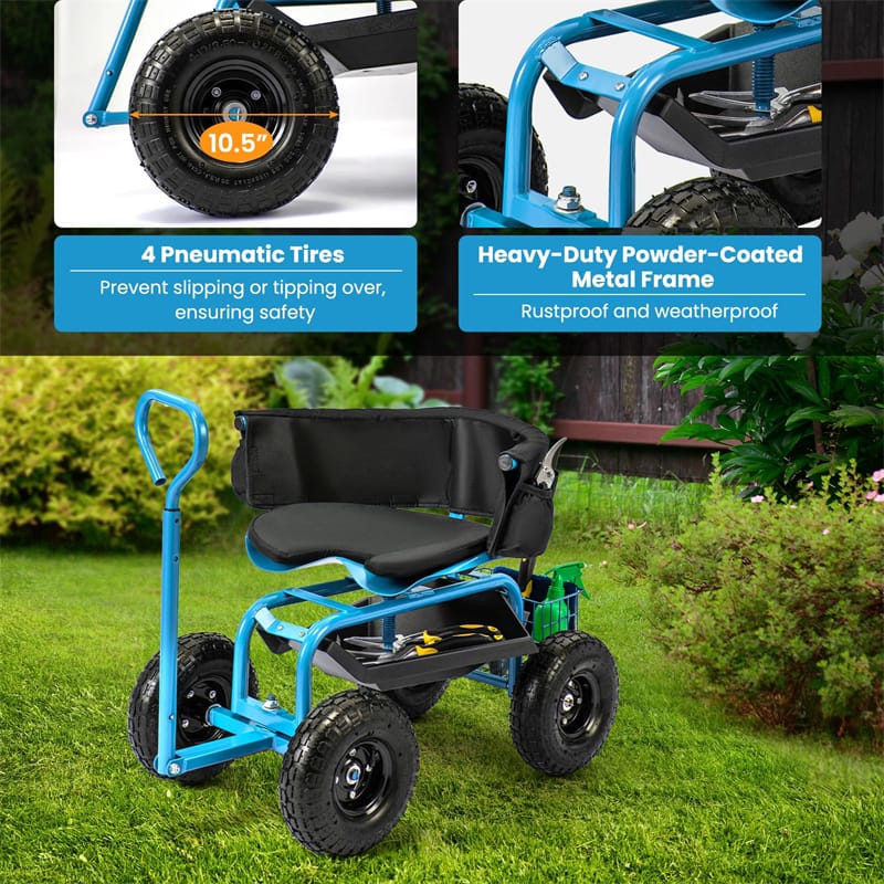 Rolling Garden Cart with 360° Swivel Padded Seat, Adjustable Gardening Scooter Workseat with Tool Tray & Storage, Extendable Handle for Seniors