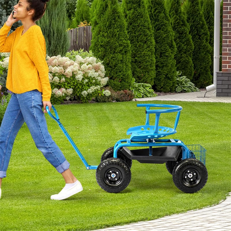 Rolling Garden Cart with 360° Swivel Padded Seat, Adjustable Gardening Scooter Workseat with Tool Tray & Storage, Extendable Handle for Seniors
