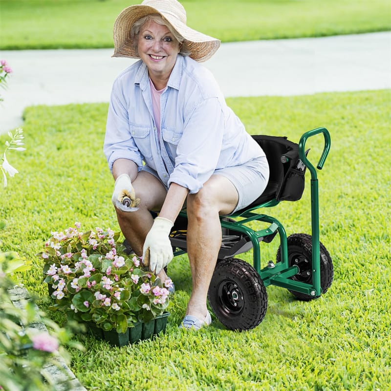 Rolling Garden Cart with 360° Swivel Padded Seat, Adjustable Gardening Scooter Workseat with Tool Tray & Storage, Extendable Handle for Seniors