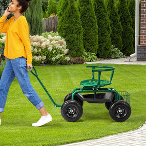 Rolling Garden Cart with 360° Swivel Padded Seat, Adjustable Gardening Scooter Workseat with Tool Tray & Storage, Extendable Handle for Seniors