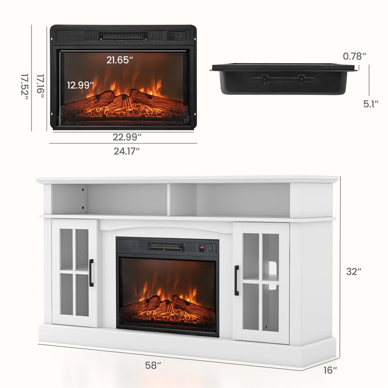 58" Electric Fireplace TV Stand for 65" TVs, Media Console with 23" Heater, Remote, Adjustable 3-Level Flame & Storage Cabinet, CSA Certified