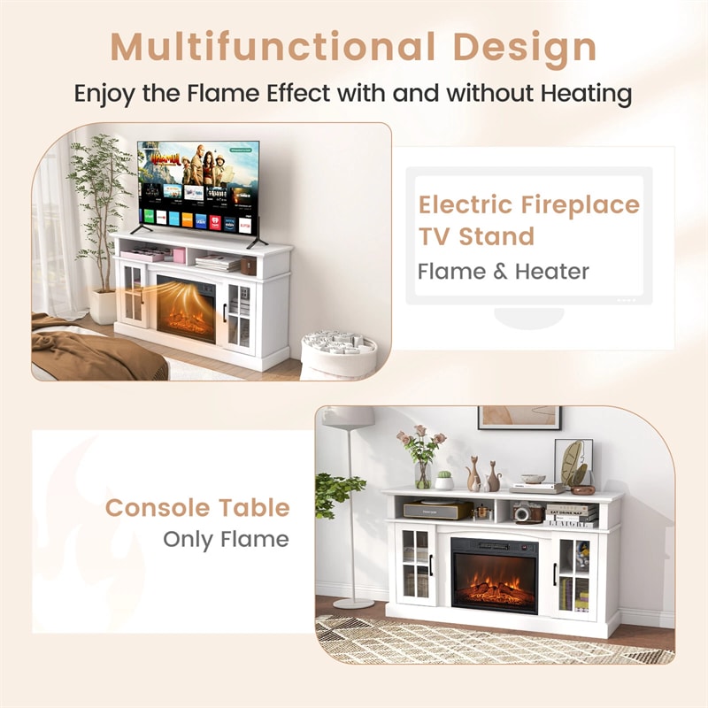 58" Electric Fireplace TV Stand for 65" TVs, Media Console with 23" Heater, Remote, Adjustable 3-Level Flame & Storage Cabinet, CSA Certified