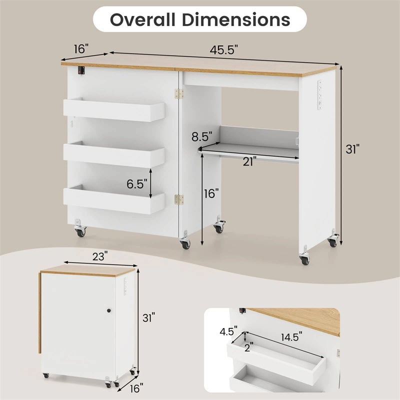 Folding Sewing Table with Charging Station, Rolling Craft Table w/ 3 Storage Trays & Shelf, Mobile Sewing Machine Cabinet for Small Spaces