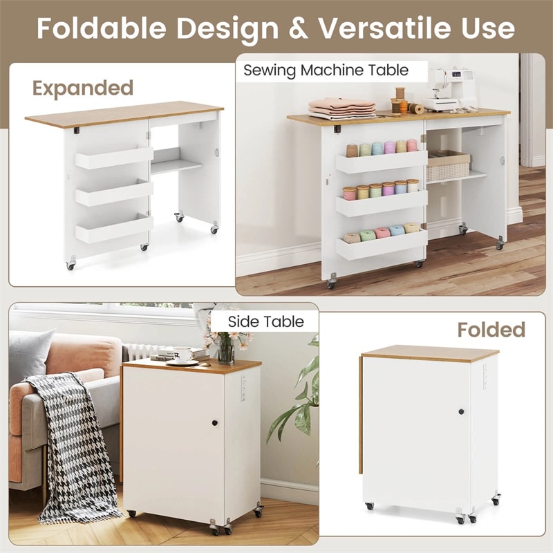 Folding Sewing Table with Charging Station, Rolling Craft Table w/ 3 Storage Trays & Shelf, Mobile Sewing Machine Cabinet for Small Spaces