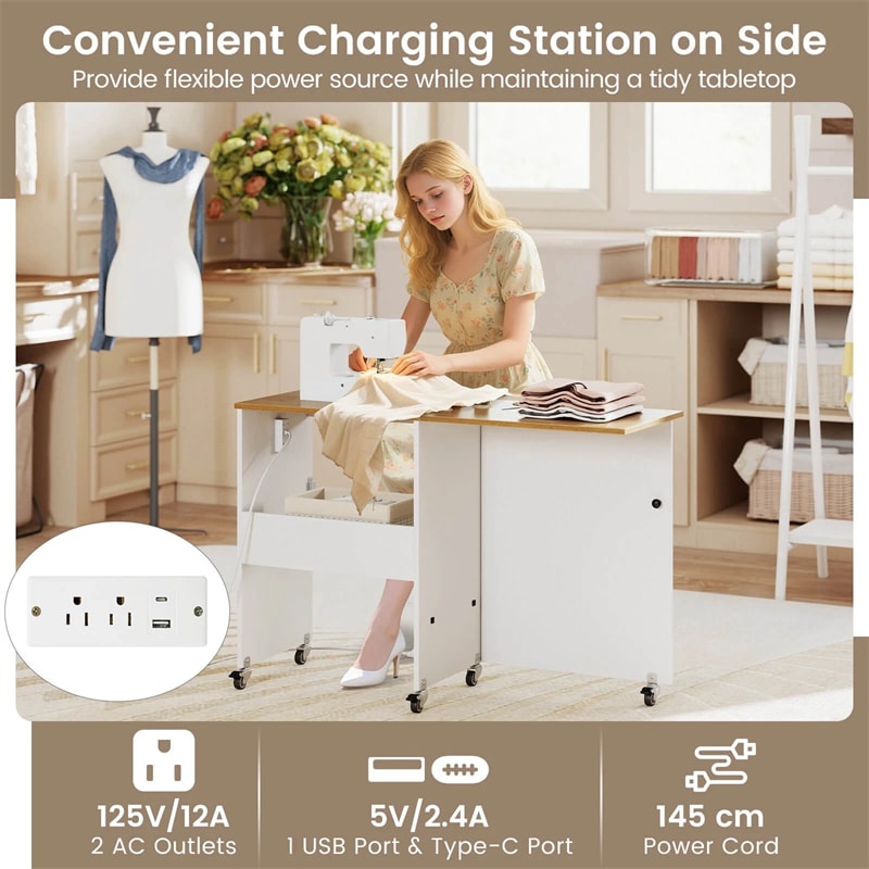 Folding Sewing Table with Charging Station, Rolling Craft Table w/ 3 Storage Trays & Shelf, Mobile Sewing Machine Cabinet for Small Spaces
