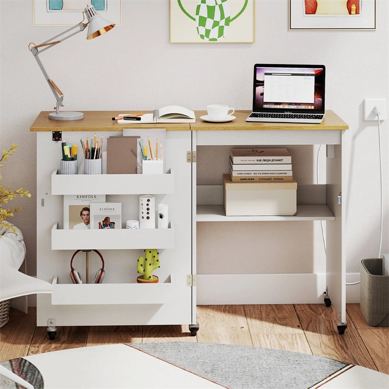 Folding Sewing Table with Charging Station, Rolling Craft Table w/ 3 Storage Trays & Shelf, Mobile Sewing Machine Cabinet for Small Spaces