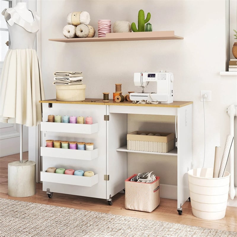 Folding Sewing Table with Charging Station, Rolling Craft Table w/ 3 Storage Trays & Shelf, Mobile Sewing Machine Cabinet for Small Spaces