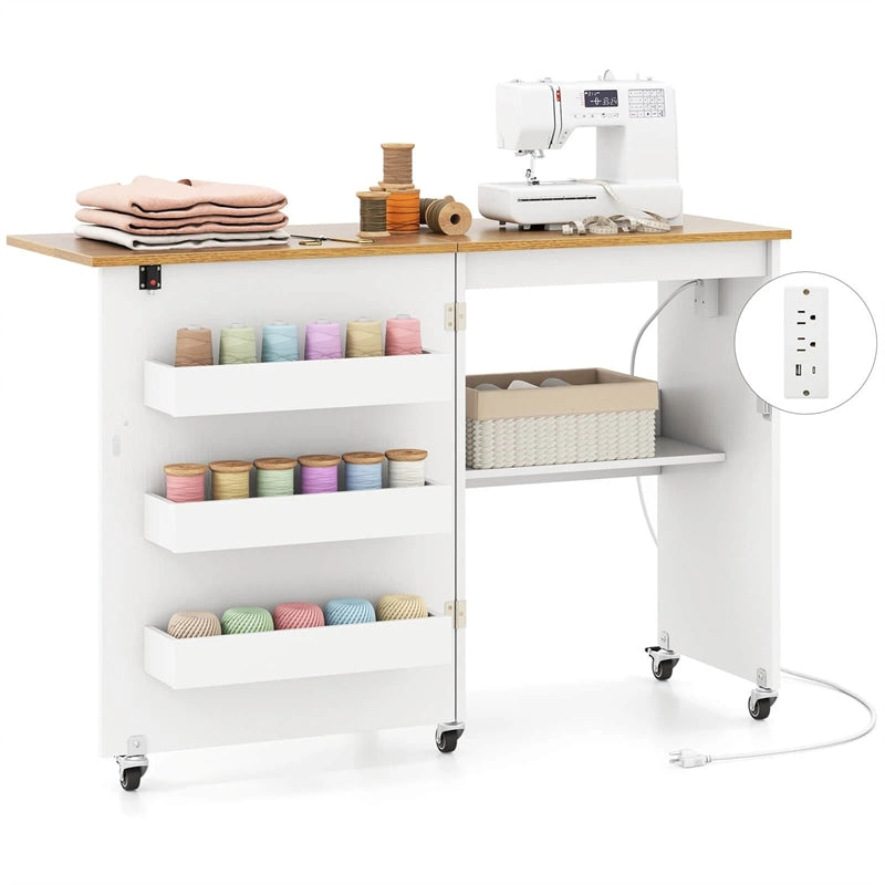 Folding Sewing Table with Charging Station, Rolling Craft Table w/ 3 Storage Trays & Shelf, Mobile Sewing Machine Cabinet for Small Spaces