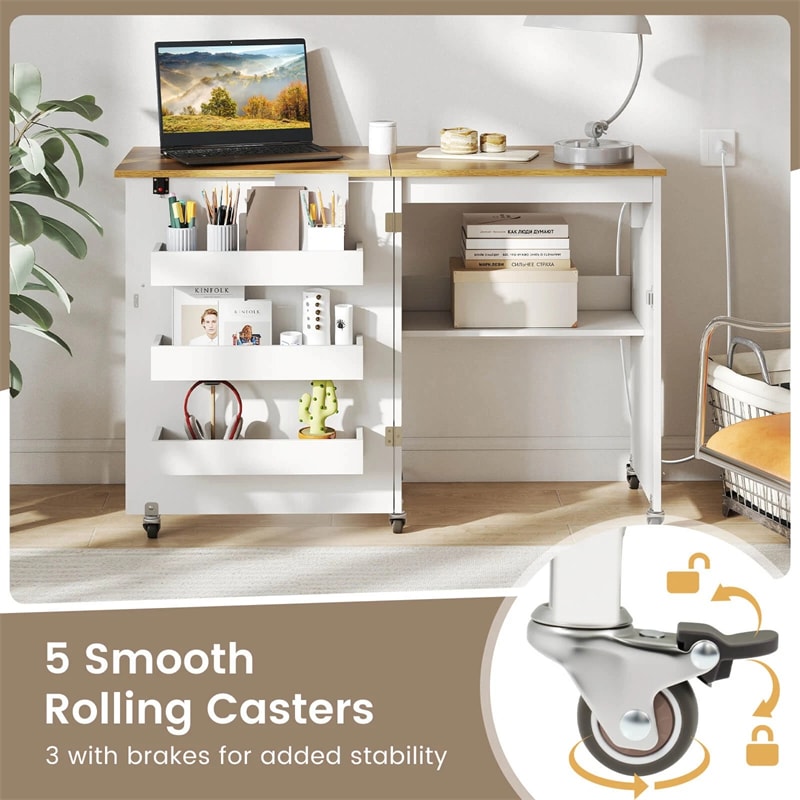 Folding Sewing Table with Charging Station, Rolling Craft Table w/ 3 Storage Trays & Shelf, Mobile Sewing Machine Cabinet for Small Spaces