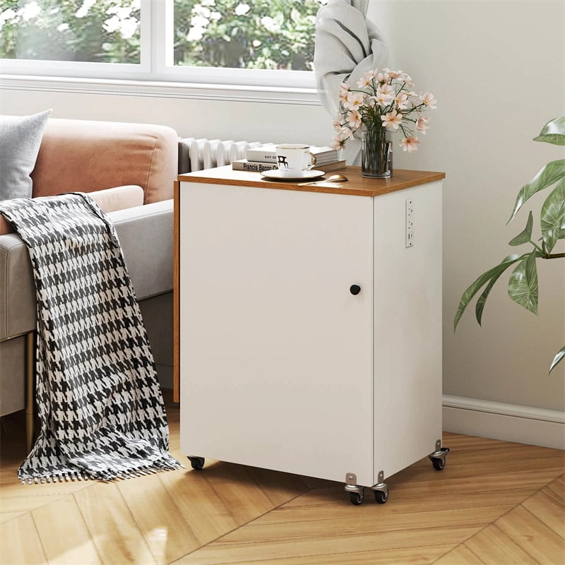 Folding Sewing Table with Charging Station, Rolling Craft Table w/ 3 Storage Trays & Shelf, Mobile Sewing Machine Cabinet for Small Spaces