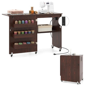 Folding Sewing Table with Charging Station, Rolling Craft Table w/ 3 Storage Trays & Shelf, Mobile Sewing Machine Cabinet for Small Spaces