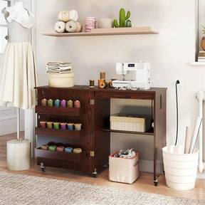 Folding Sewing Table with Charging Station, Rolling Craft Table w/ 3 Storage Trays & Shelf, Mobile Sewing Machine Cabinet for Small Spaces