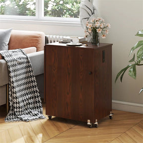 Folding Sewing Table with Charging Station, Rolling Craft Table w/ 3 Storage Trays & Shelf, Mobile Sewing Machine Cabinet for Small Spaces