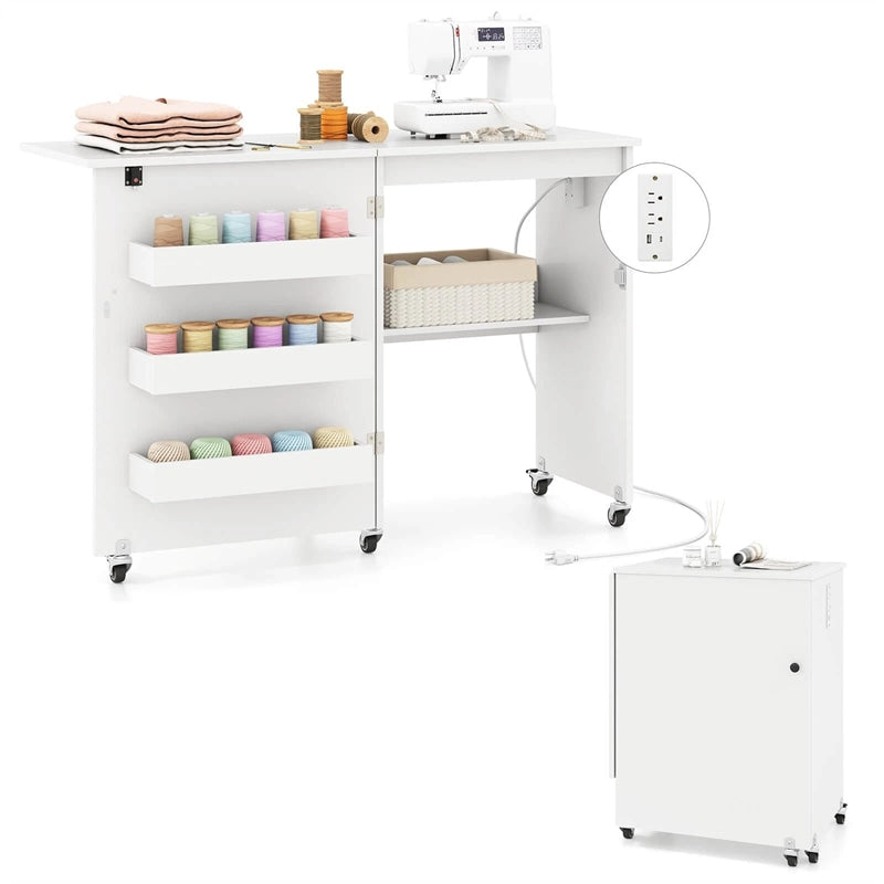 Folding Sewing Table with Charging Station, Rolling Craft Table w/ 3 Storage Trays & Shelf, Mobile Sewing Machine Cabinet for Small Spaces