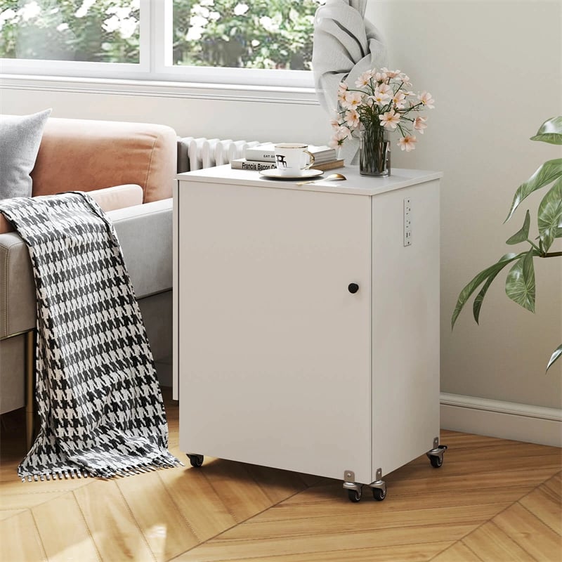Folding Sewing Table with Charging Station, Rolling Craft Table w/ 3 Storage Trays & Shelf, Mobile Sewing Machine Cabinet for Small Spaces