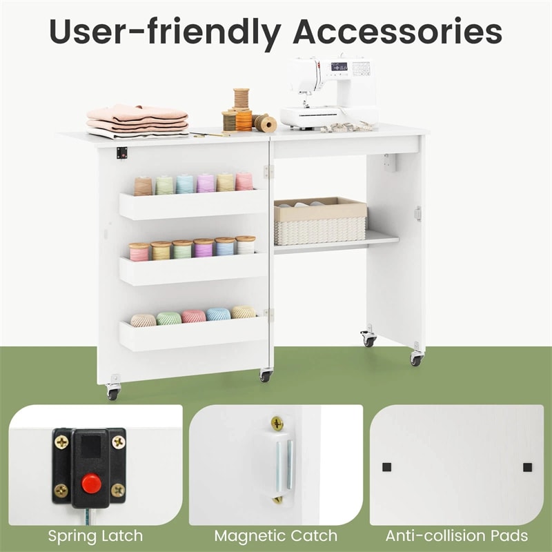 Folding Sewing Table with Charging Station, Rolling Craft Table w/ 3 Storage Trays & Shelf, Mobile Sewing Machine Cabinet for Small Spaces