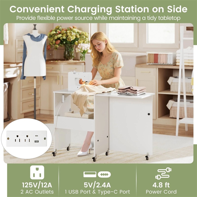 Folding Sewing Table with Charging Station, Rolling Craft Table w/ 3 Storage Trays & Shelf, Mobile Sewing Machine Cabinet for Small Spaces