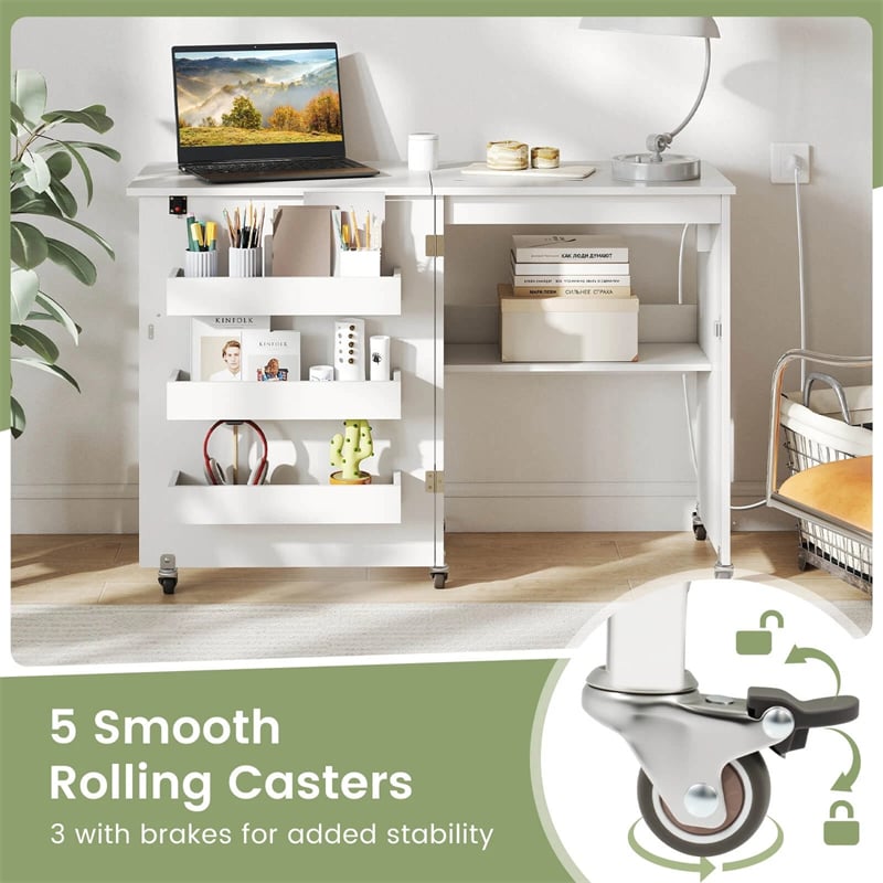 Folding Sewing Table with Charging Station, Rolling Craft Table w/ 3 Storage Trays & Shelf, Mobile Sewing Machine Cabinet for Small Spaces