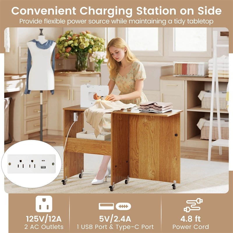 Folding Sewing Table with Charging Station, Rolling Craft Table w/ 3 Storage Trays & Shelf, Mobile Sewing Machine Cabinet for Small Spaces